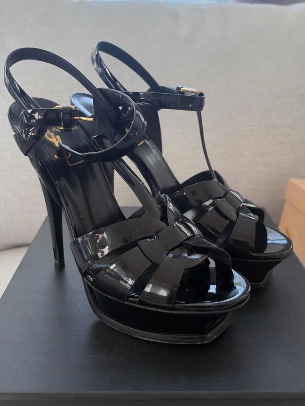Yves Saint Laurent Black Patent Platform T-Strap Sandals